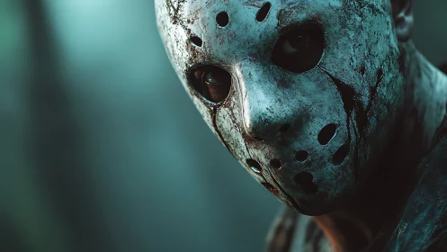 Weathered hockey mask with bloodstains under moody shallow focus