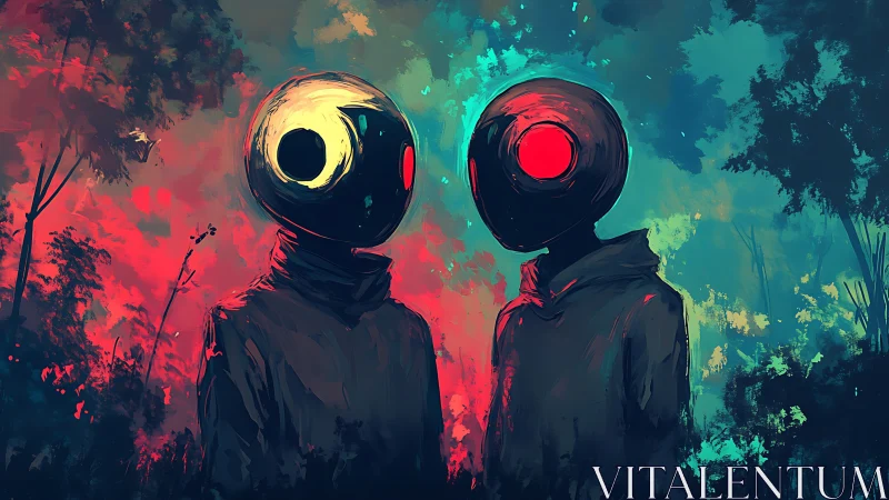 Mysterious hooded figures share a quiet glow in neon dusk