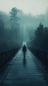 Solitary figure crossing misted bridge at dawn in forest.