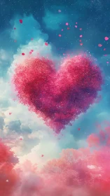 Pink Particle Heart Against Cloudy Blue Sky
