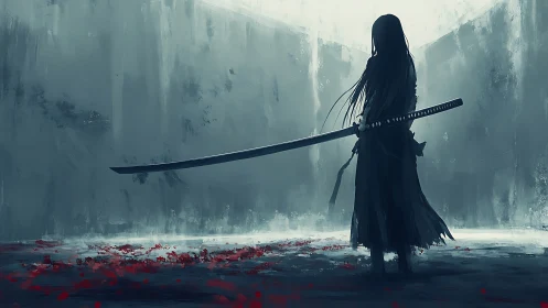 Solitary swordsman stands in misty arena with bloodstains.