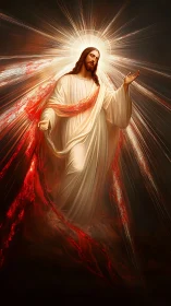 Radiant robed savior rising through light and crimson rays.
