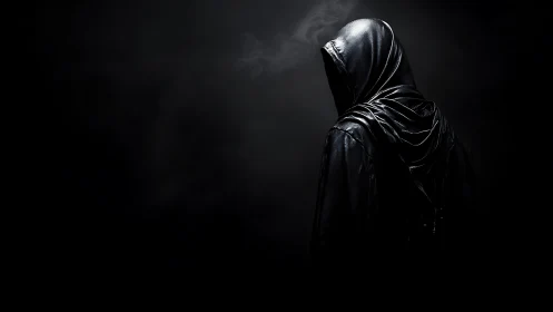 Hooded figure in shadow exudes ominous, cinematic mystery