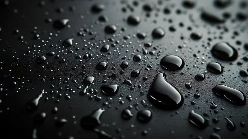 Macro water droplets on dark hydrophobic surface at angle.