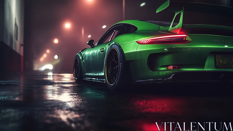 Neon green sports car on misty wet night street.