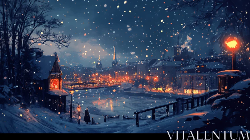 Snow-covered riverside town is viewed during winter night