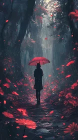 Solitary figure walks a rainy forest path under crimson blooms