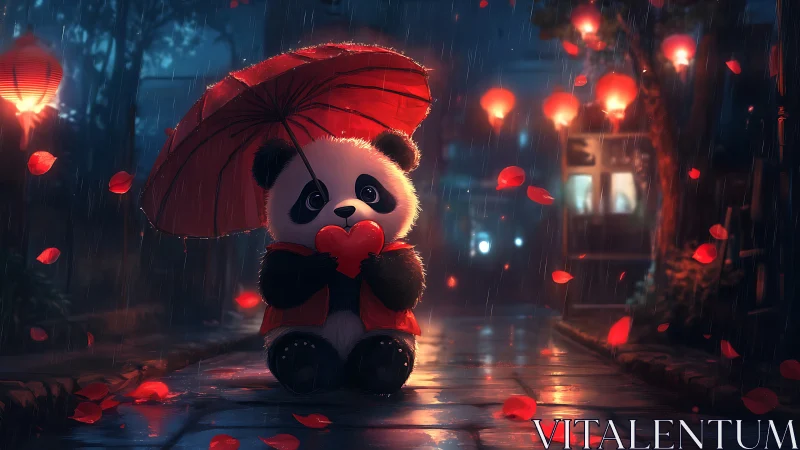 Panda holding red heart under umbrella on rainy street.