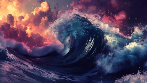 Cosmic storm wave curls beneath blazing nebula sky