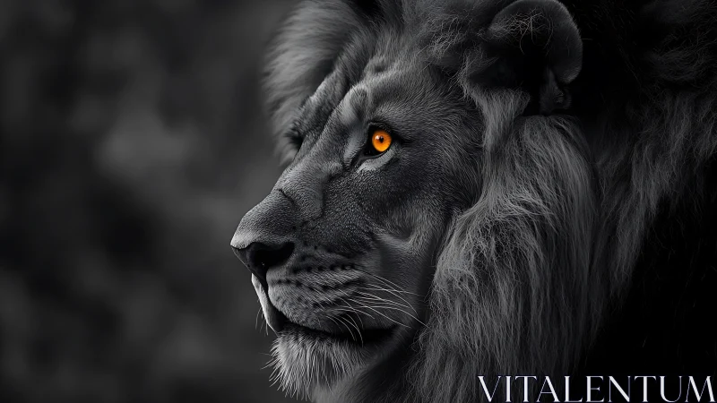 Lion profile rendered in grayscale with vivid orange eyes