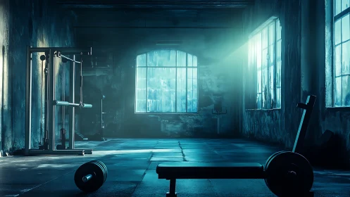 Dimly lit industrial gym with barbell and weight bench.