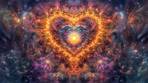 Fiery fractal heart shape glows at center of cosmic field