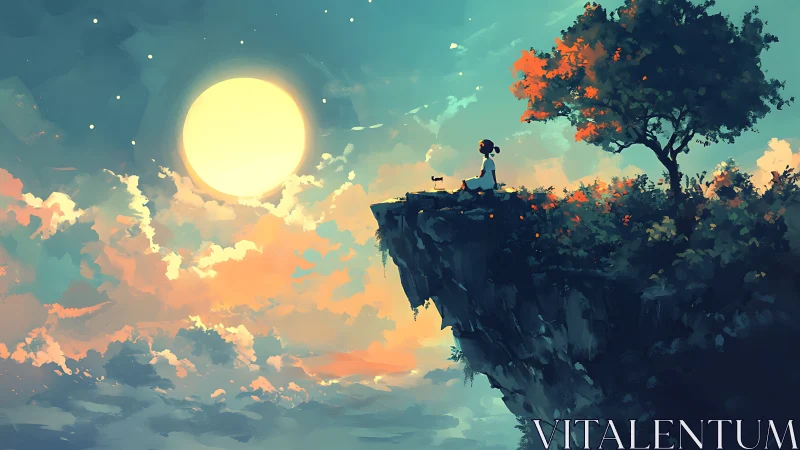 Girl sits on cliff edge under large glowing moon