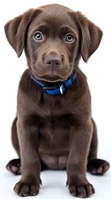 Chocolate labrador puppy sits centered on clean white background.