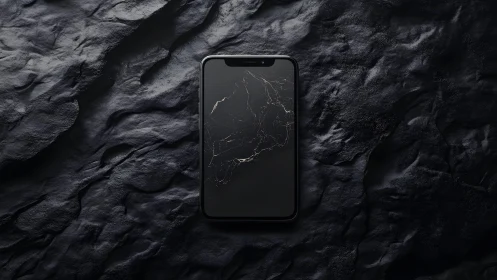 Modern smartphone with marble wallpaper on dark textured stone background.