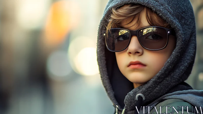 Youth Portrait. Sunglasses, Gray Hoodie. Blurred Urban Setting.