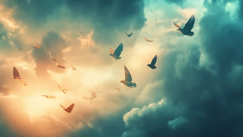 Flock of Birds Flying Through Dramatic Cloudy Sky at Sunset.
