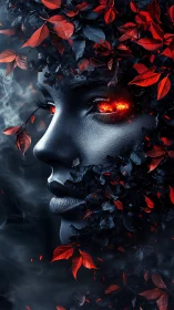 Infernal foliage portrait with ember eyes in deep shadow.