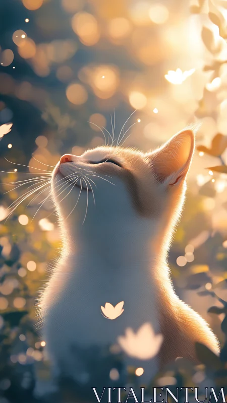 Sunlit kitten watches glowing petals drift through air