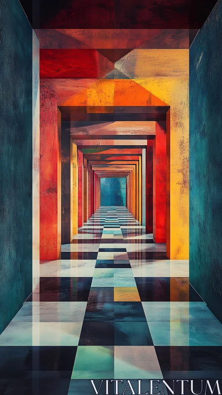 Geometric corridor with colorful arches and reflections.