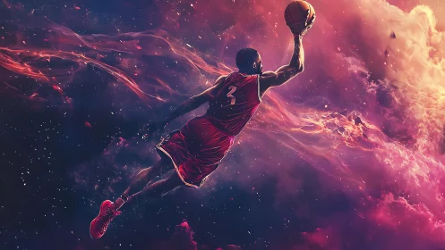 Basketball player in midair against abstract cosmic backdrop.