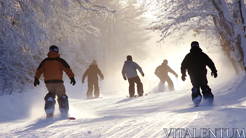 Snowboarders carve glowing winter trail through forest