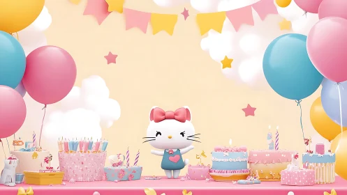3D Birthday Party Scene with Anthropomorphic Cat Character