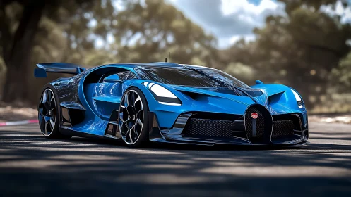 Sleek blue hypercar basking in sunlight on a quiet road.