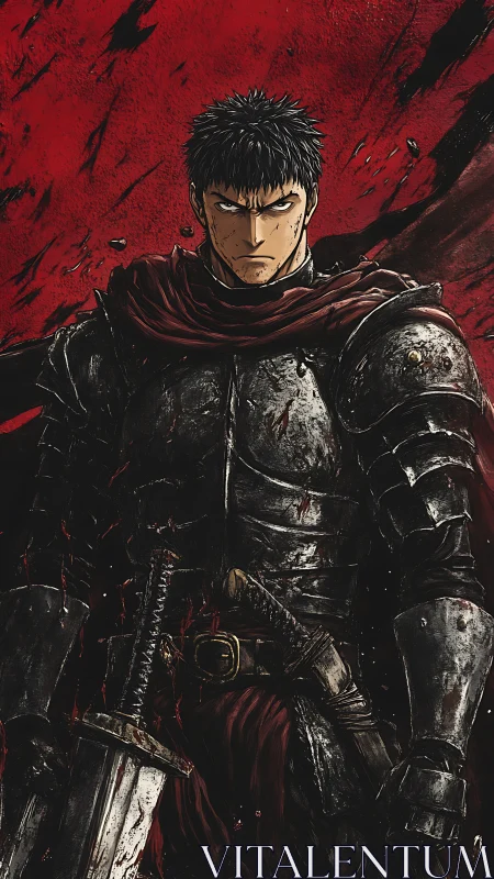 Armored anime warrior stands defiant in a storm of blood