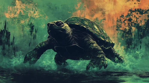 Hydrodynamic turtle in cinematic teal‑orange vapor field.
