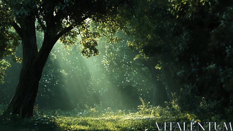 Sunbeams slip quietly into a hidden green forest clearing