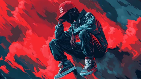 Urban loner crouches in neon storm, teal and crimson clash.