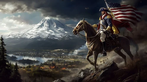 Revolutionary cavalry officer surveys burning valley battlefield