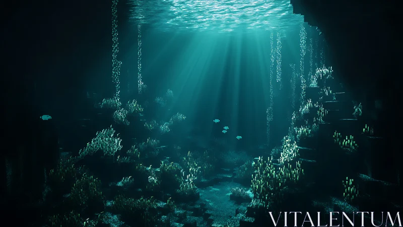 Ethereal light streams into a serene voxel undersea cave
