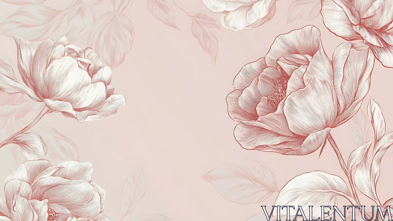 Pink peony flowers rendered with line work on pale background