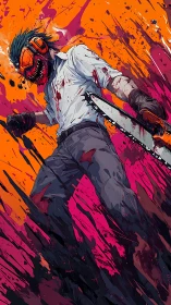 Chainsaw-armed figure in blood-splattered dynamic anime scene.