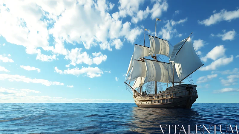 Sunlit tall ship drifting calmly across open blue seas.