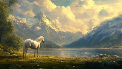 White horse by alpine lake under dramatic evening light