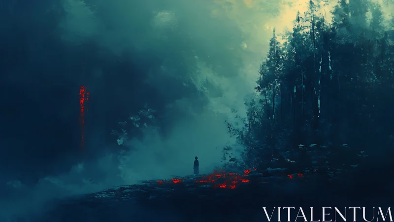 Lone wanderer contemplates glowing embers beneath misty pines.