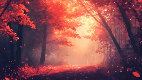 Autumn's Glowing Embrace: A Forest Path Alive with Warmth.