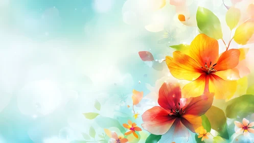 Digital watercolor florals with translucent petals and atmospheric bokeh.