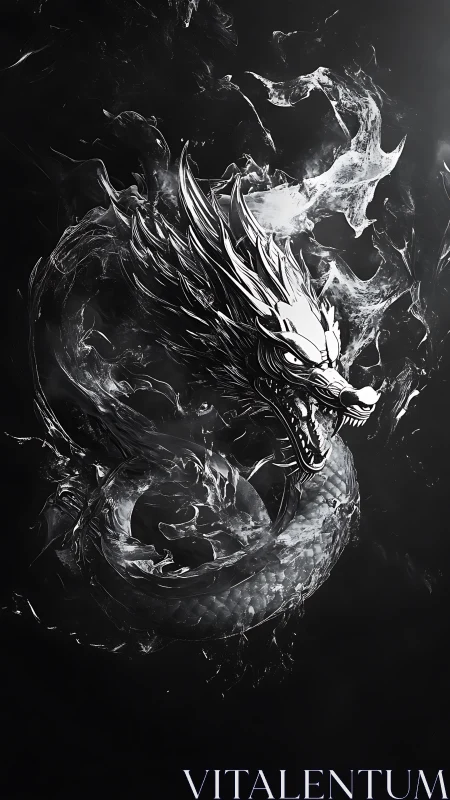 Silver serpentine dragon coils through smoke on black void