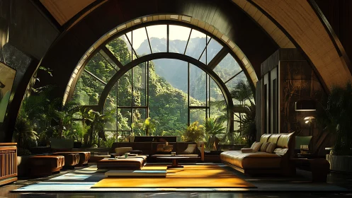 Luxe tropical lounge framed by panoramic arched glazing.