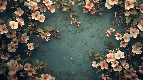 Pale Blossoms Adorn Weathered Turquoise Canvas.