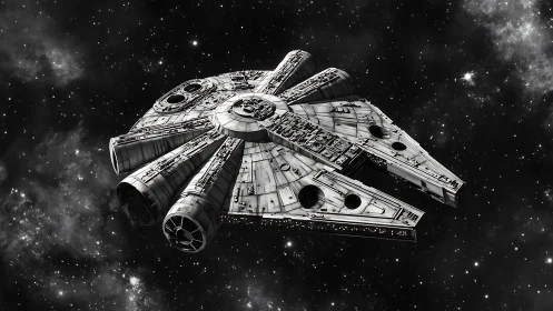 Detailed starship hull rendering in high-contrast space field.