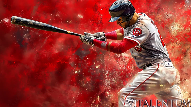 Baseball batter executes swing against abstract red ground