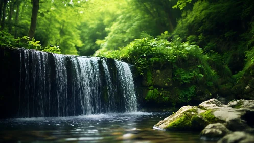 Forest Waterfall Cascading Through Lush Green Canopy.