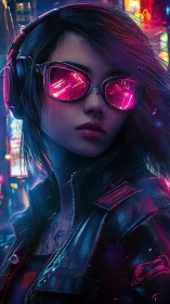 Neon night runner in mirrored shades and electric city glow.