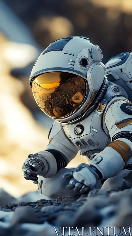 Gentle explorer in a white spacesuit discovering quiet rocks.