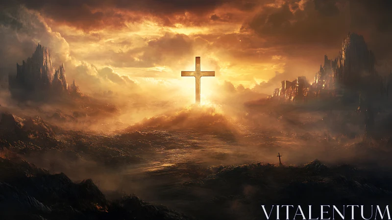 Radiant cross dominates storm-wreathed volcanic wasteland.